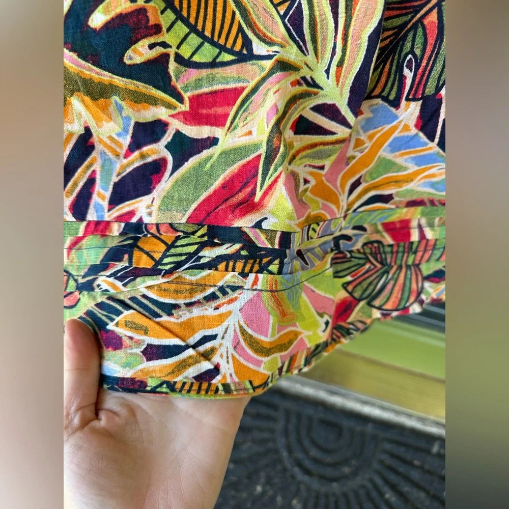 Small Linen V Neck Tropical Vacation Shift Dress Pockets Bright Colorful Resort - Picture 6 of 6